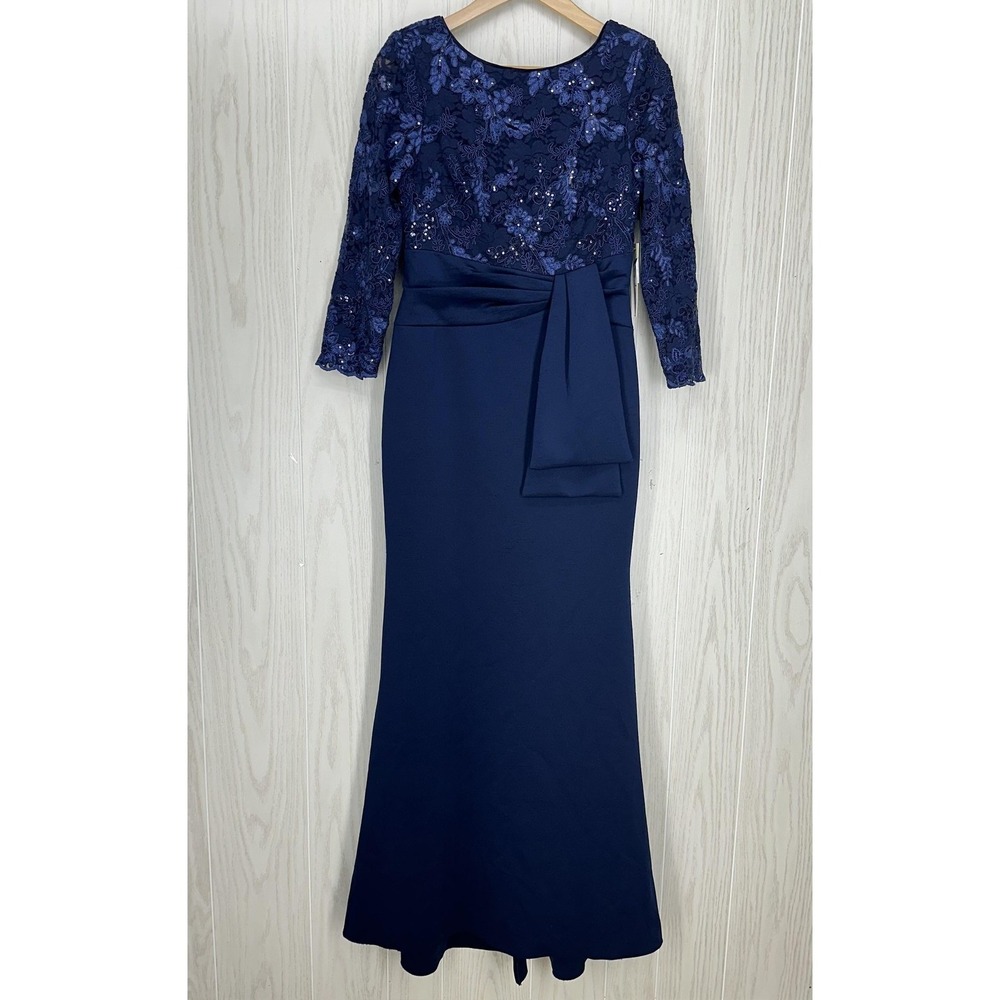 Eliza J Dress Womens 6 Navy Lace‎ Sequin 3/4 Sleeve Maxi Formal Evening Gown
